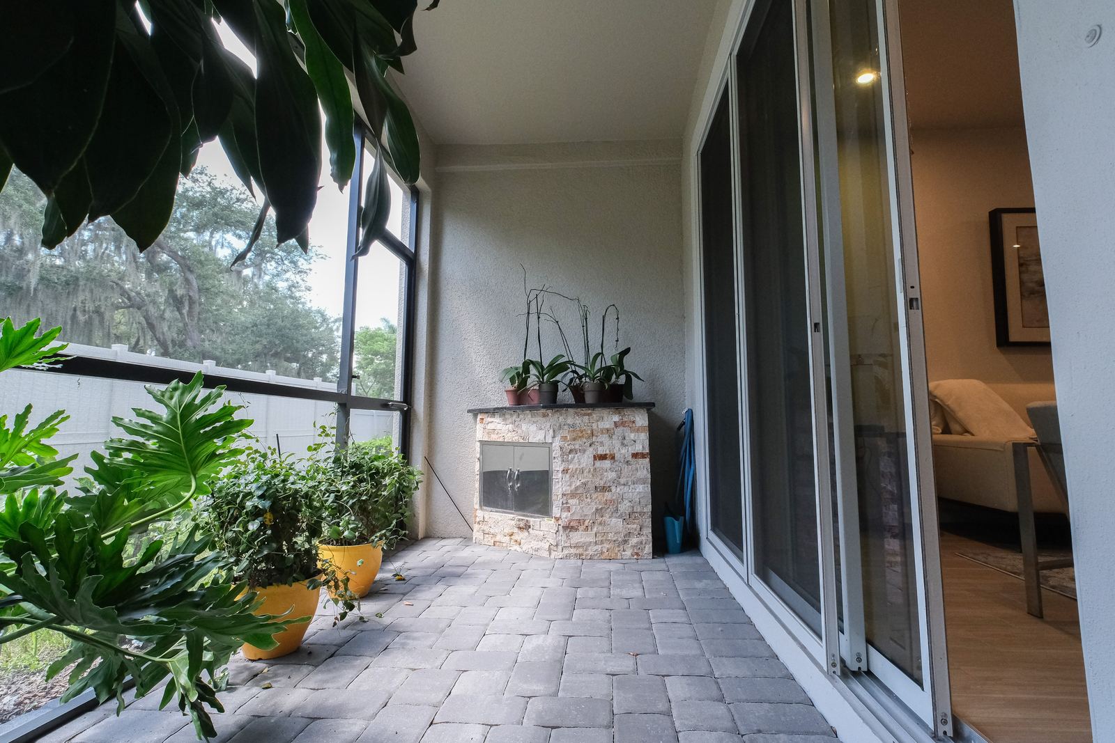 Covered patio with plants and a sliding door
